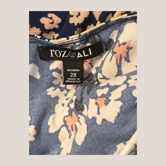 Roz & Ali /Dressbarn 2X Plus Size Navy Blue Orange Floral Tunic Top Blouse Flowy - Picture 4 of 6